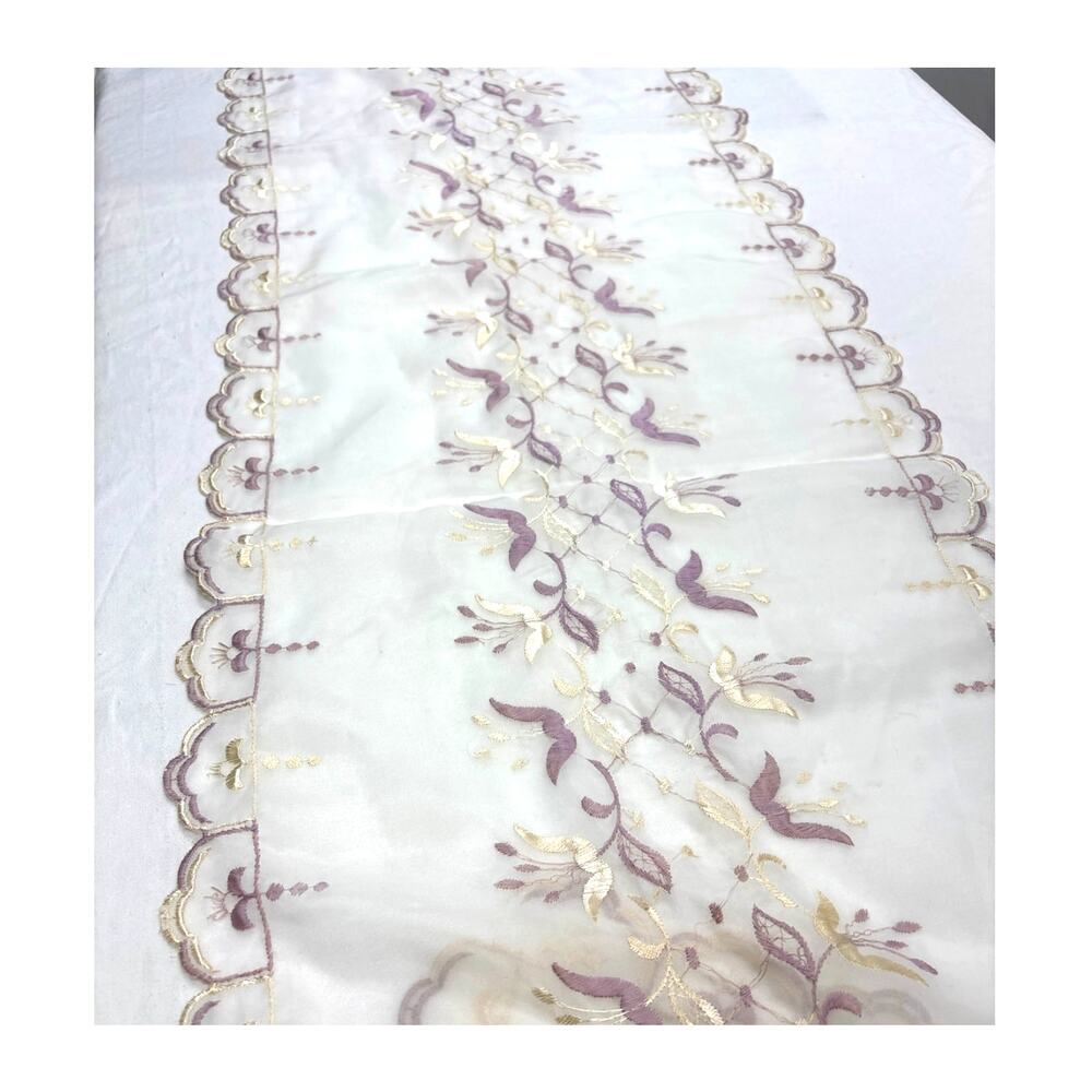 Sheer Table Runner Dresser Scarf Purple Floral Embroidery Ruffled Border (2)
